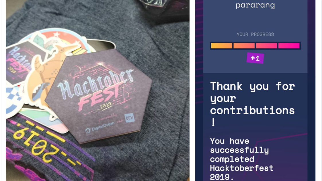 kaos, stiker, dan pin hadiah hacktoberfest 2019